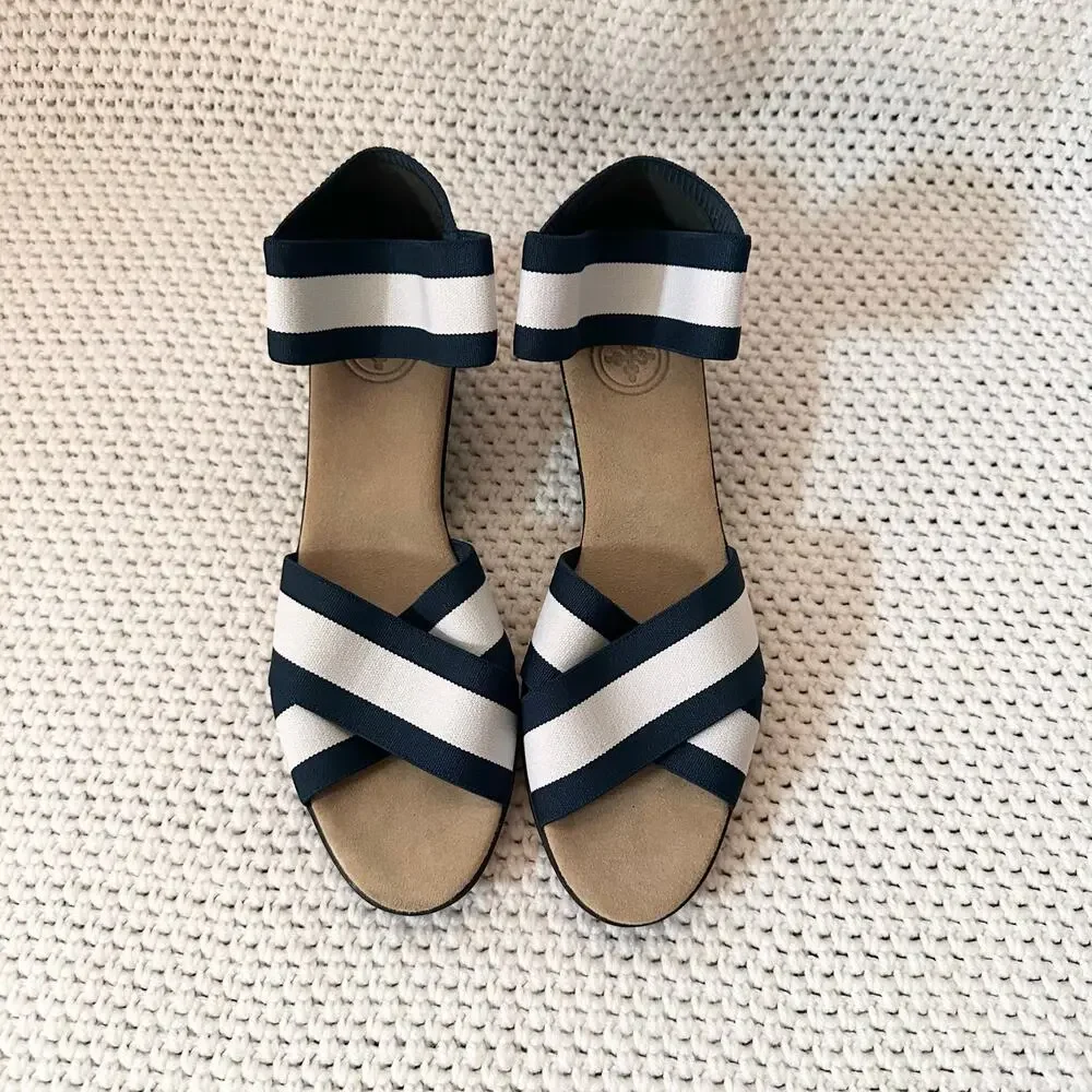 Charleston Shoe Co Lafayette Harrel Navy Blue White Mix Elastic Low Wedges 7 Box